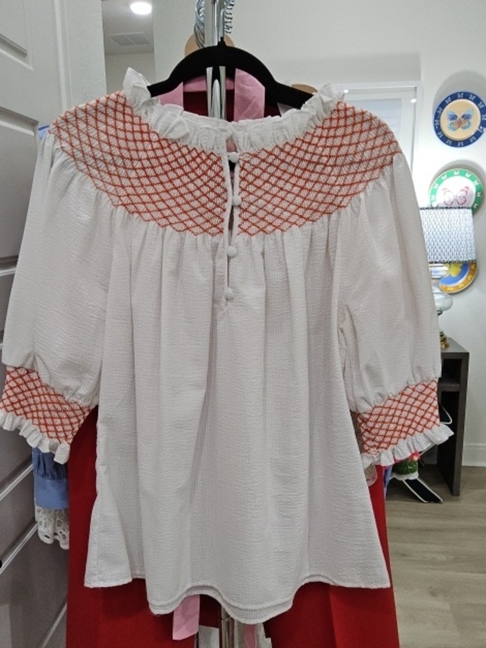 Dondolo White Smocked Top with Coral Logo Detail